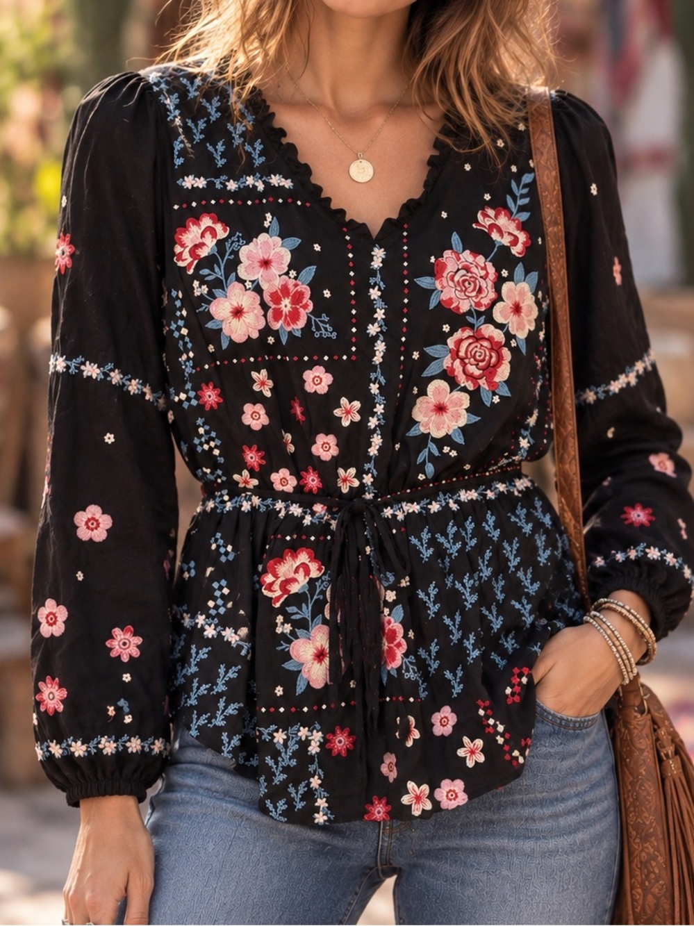 Savanna Jane Sz s Black Pink Floral Embroidered Top Boho Cottagecore Ruffle